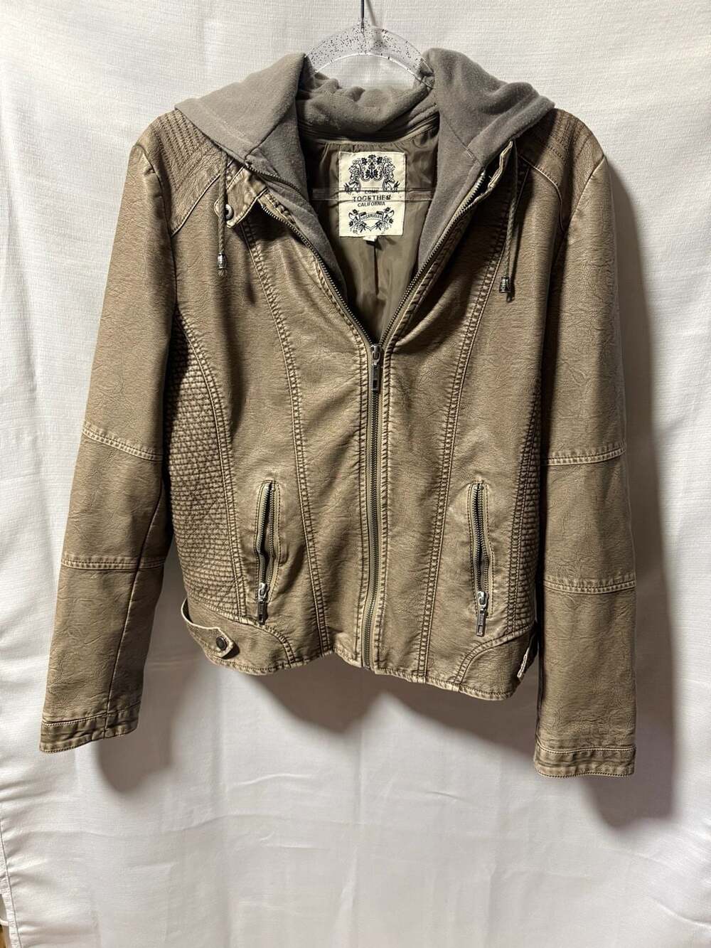 Come Together California Women's Faux Leather Quilted Moto Jacket with Hood
